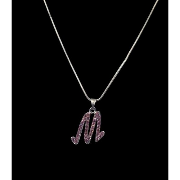 Pink Rhinestone M Monogram Silver Tone Pendant Necklace - Picture 3 of 8